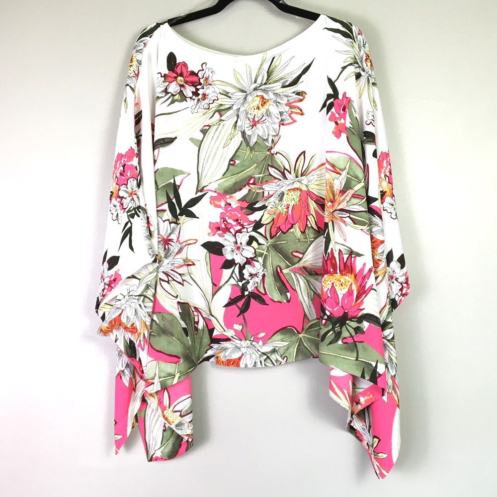 Chico's Maui Trail Primordial Forest Floral Poncho Top L/XL Pink Green - Picture 2 of 7